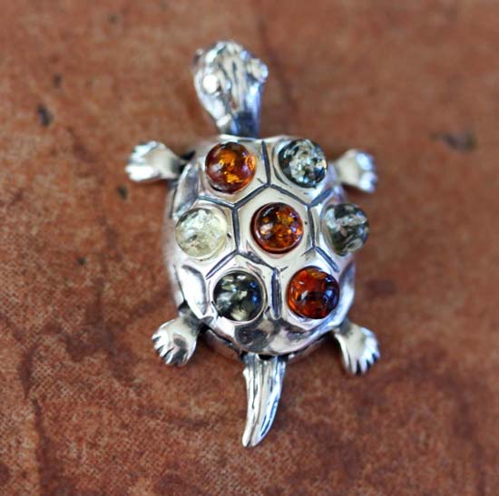 Handmade Sterling Silver Baltic Amber Turtle Pendant