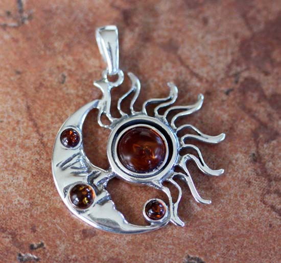 Handmade Sterling Silver Baltic Amber Sun Moon Stars Pendant