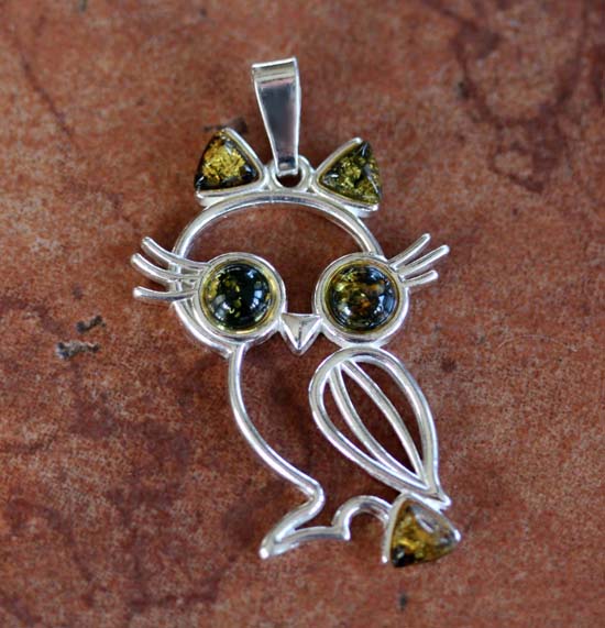 Handmade Sterling Silver Baltic Amber Owl Pendant