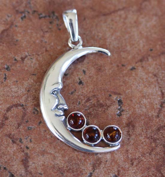 Handmade Sterling Silver Baltic Amber Moon Pendant