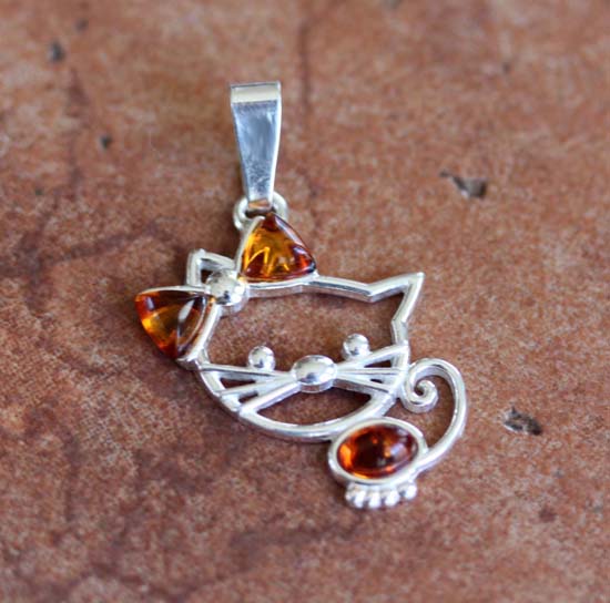 Sterling Silver Baltic Amber Cat Pendant