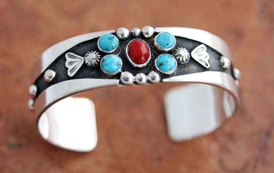 Navajo Sterling Silver Turquoise Coral Bracelet by Nakai