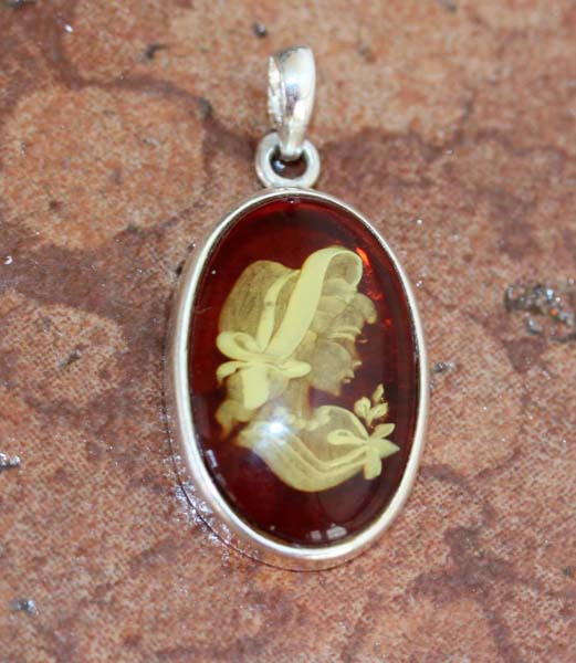 Sterling Silver Baltic Amber Hand Carved Cameo Pendant