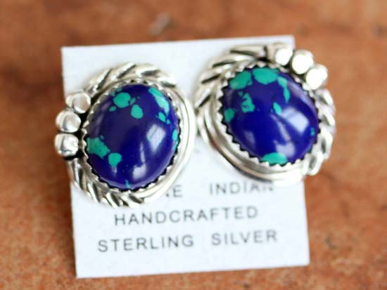 Navajo Silver Azurite Malachite Earrings by Sharon Cadman