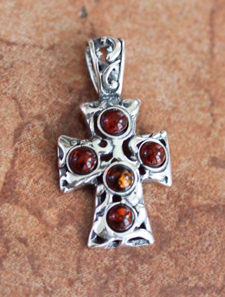 Handmade Sterling Silver Baltic Amber Cross Pendant