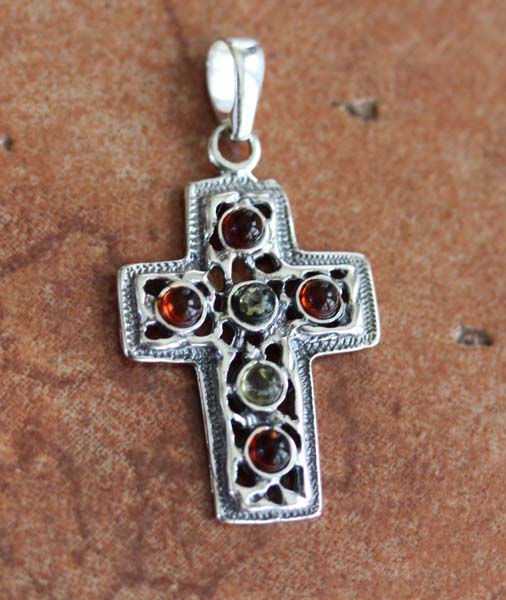 Handmade Sterling Silver Baltic Amber Cross Pendant