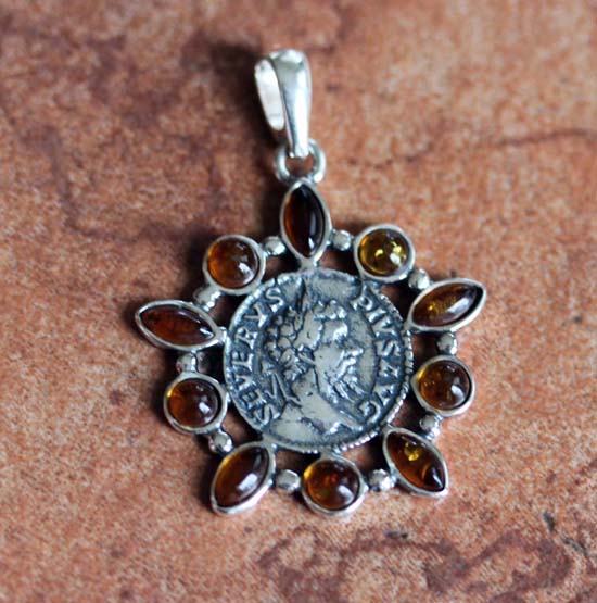 Handmade Sterling Silver Baltic Amber Coin Pendant