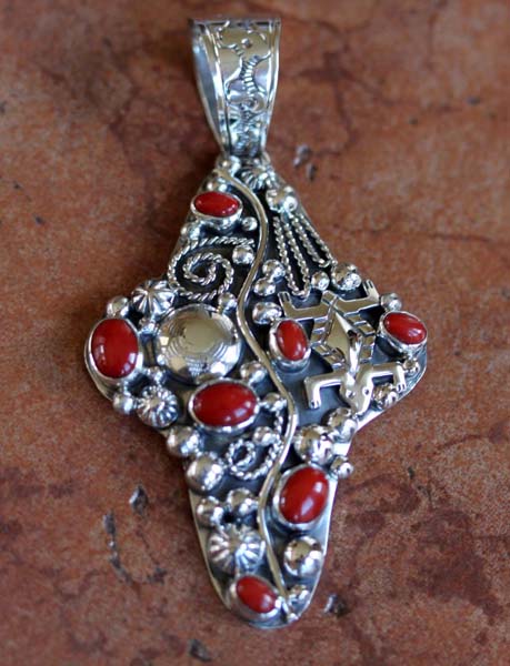 Nakai Navajo Silver Coral Cross Pendant