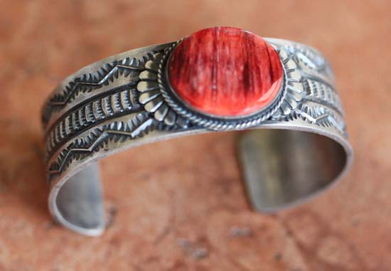 Navajo Sterling Silver Coral Bracelet by Sunshine Reeves