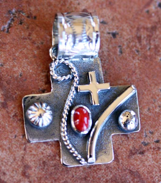 Nakai Navajo Sterling Coral Cross Pendant