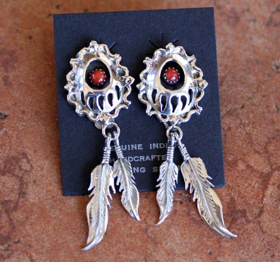 Navajo Coral Bear Paw Earrings