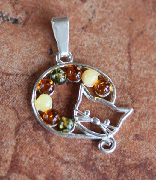 Sterling Silver Baltic Amber Cat Pendant