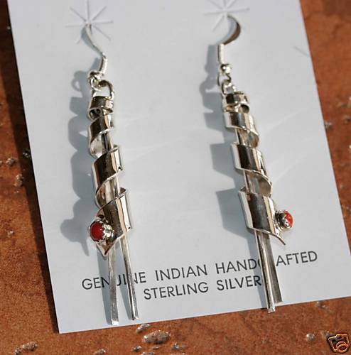 Navajo Silver Coral Earrings by F Yazzie