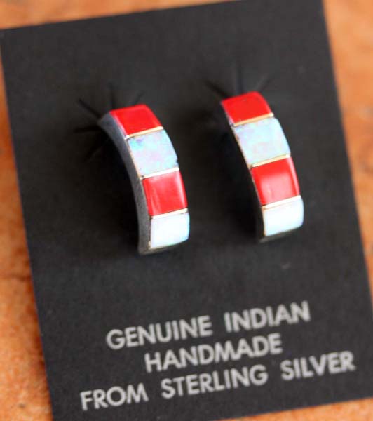 Zuni Silver Created Opal Coral Earrings