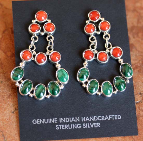 Navajo Coral Malachite Earrings by Nakai