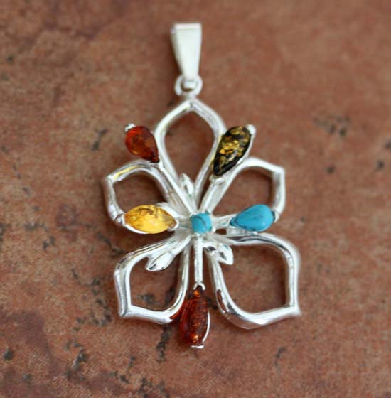 Handmade Sterling Silver Baltic Amber Flower Pendant