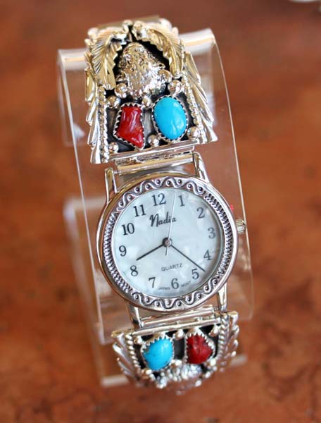 Navajo Bull Turquoise Coral Men's Watch