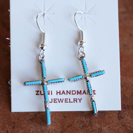 Zuni Silver Turquoise Cross Earrings