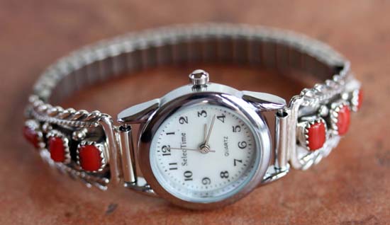 Navajo Silver Coral Ladies Watch