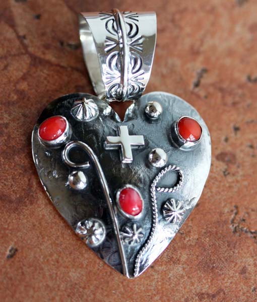 Nakai Navajo Silver Coral Heart Pendant