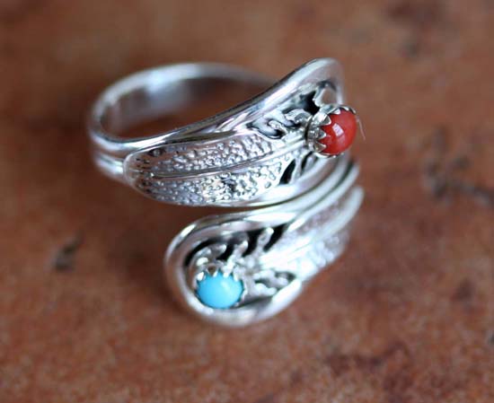 Navajo Silver Turquoise Coral Ring Size 6_9