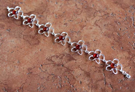 Silver Baltic Amber Flower Link Bracelet