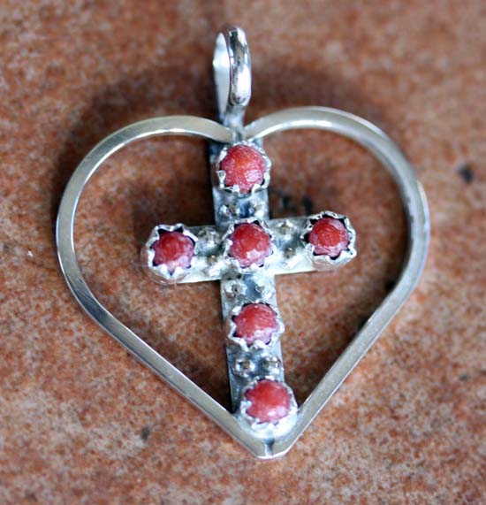 Zuni Sterling Silver Coral Heart Pendant