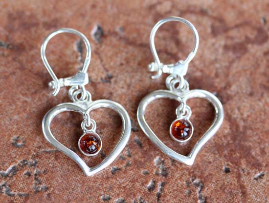 Sterling Silver Baltic Amber Heart Earrings