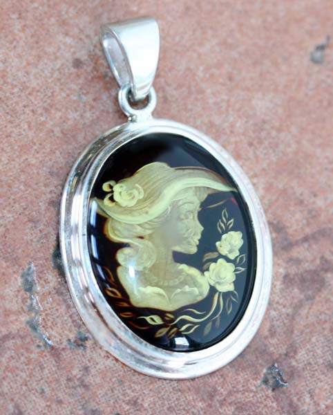 Sterling Silver Baltic Amber Hand Carved Cameo Pendant