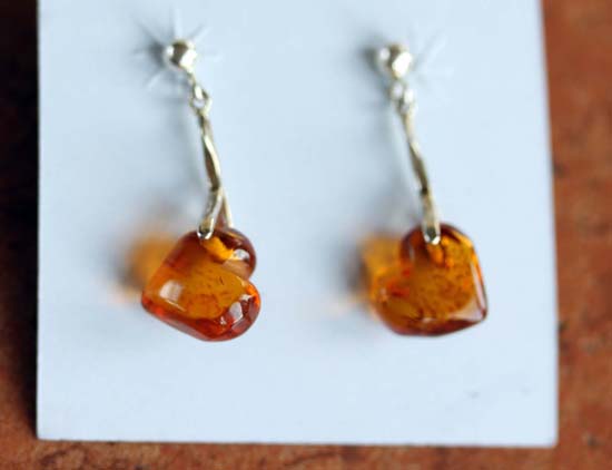 Sterling Silver Baltic Amber Heart Earrings