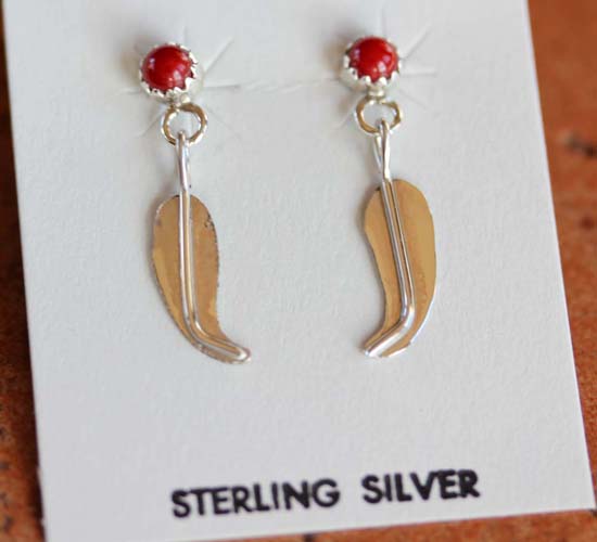 Navajo Silver Coral Feather Earrings