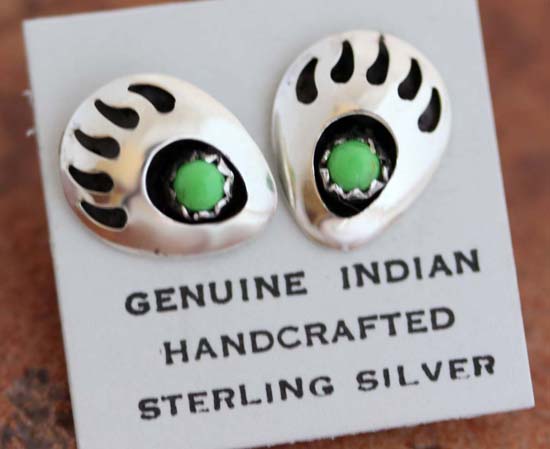 Navajo Silver Gaspeite Bear Paw Earrings