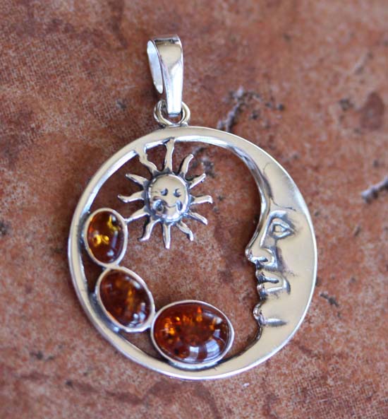 Sterling Silver Baltic Amber Sun Moon Star Pendant