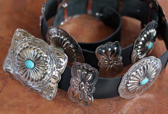 Navajo Leather Nickel Turquoise Concho Belt