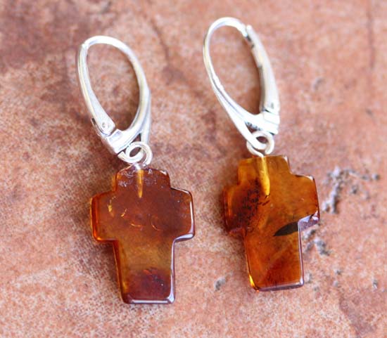 Sterling Silver Baltic Amber Cross Earrings