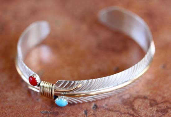 Navajo Sterling Silver Turquoise Coral Feather Bracelet