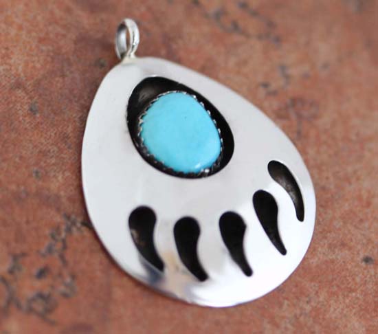 Navajo Silver Turquoise Bear Paw Pendant