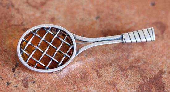 Sterling Silver Baltic Amber Tennis Racquet Pin