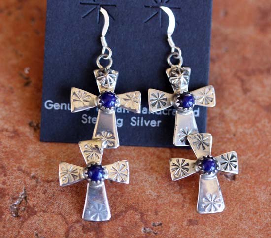 Navajo Sterling Silver Lapis Cross Earrings