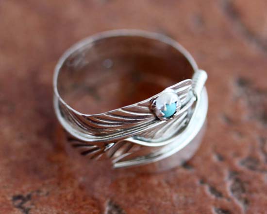 Navajo Silver Turquoise Feather Ring Size 6_9