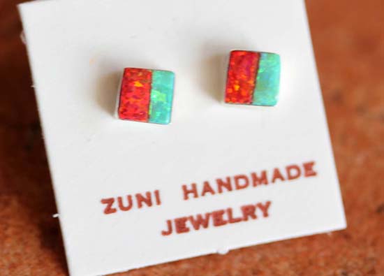 Zuni Silver Created Opal Square Earrings