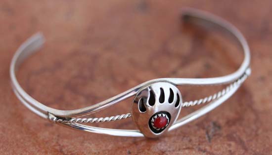 Navajo Sterling Silver Coral Bear Paw Bracelet