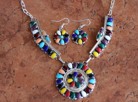 Navajo Multi_Stone Cluster Necklace Earrings Set