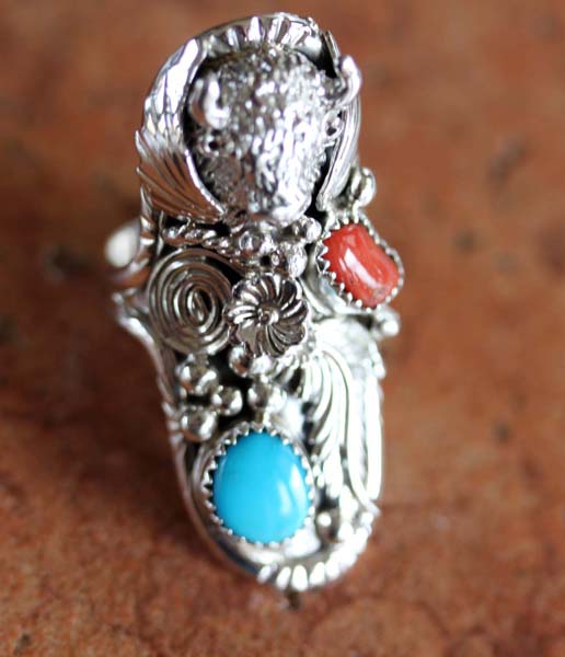 Navajo Silver Turquoise Coral Bull Ring Size 9