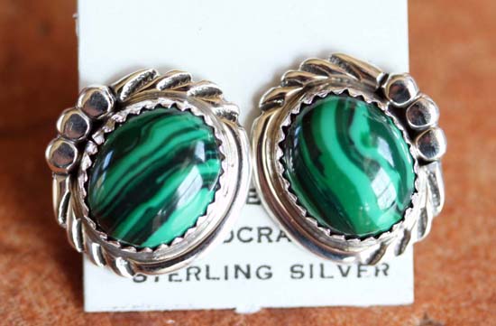 Navajo Silver Malachite Earrings by Sharon Cadman