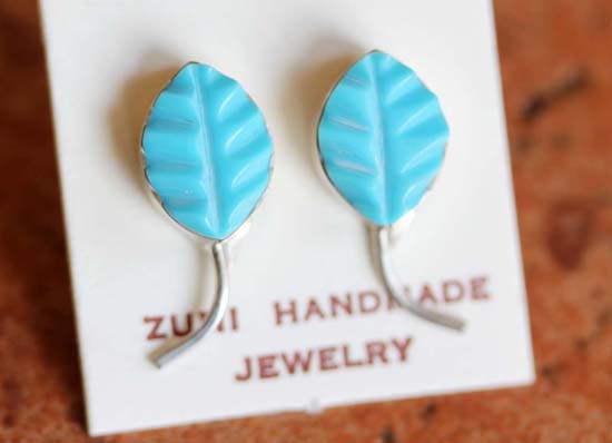 Zuni Silver Turquoise Leaf Earrings