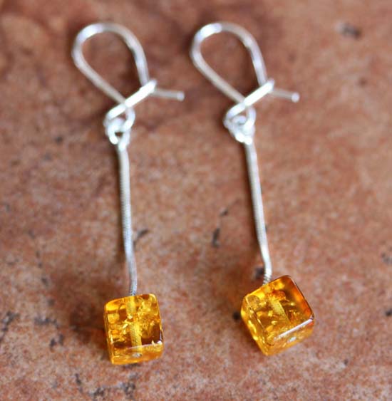 Sterling Silver Baltic Amber Cube Earrings