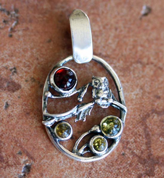 Handmade Sterling Silver Baltic Amber Owl Pendant