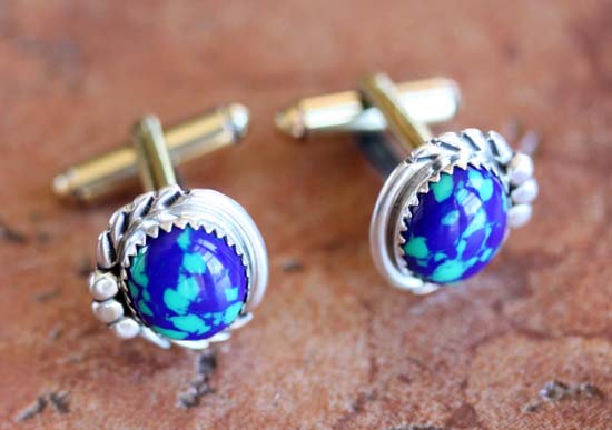 Navajo Silver Azurite Malachite Cuff Links by S Cadman