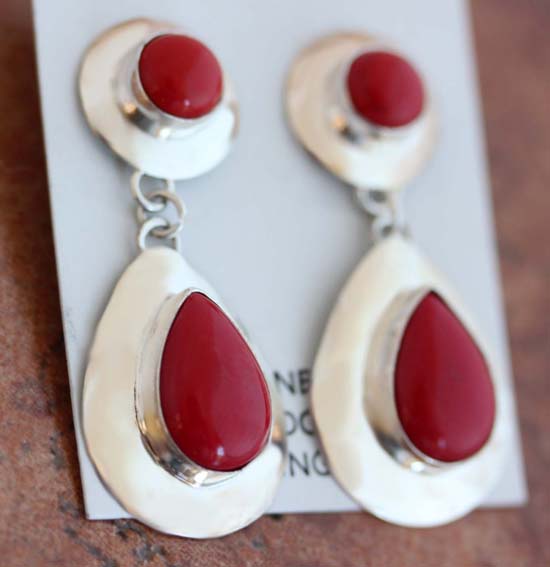 Navajo Coral Tear Drop Earrings by Nancy Wilson